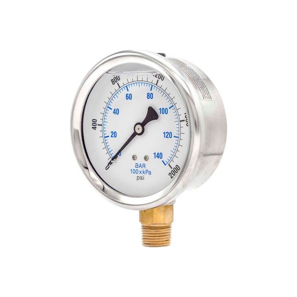 Engineered Specialty Products, Inc Pic Gauges 4" Pressure Gauge, Liquid Filled, 2000 PSI, Stainless Case, Lower Mount, 201L-402O 201L-402O - main